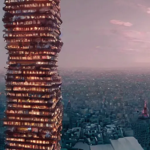 Image similar to Beautiful cinematic scene of a gigantic tower watching over a city, on top of a mountain, epic, megalophobia, cinematic lighting, insanely detailed, directed by Denis Villeneuve and Wes Anderson, filmic