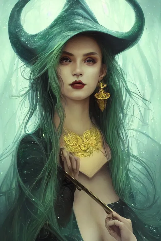 Image similar to a seductive beautiful witch from belarus, with a perfect face!!! shiny green iridescent makeup on skin, bust portrait, gold jewelry, dnd, face, fantasy, intricate, elegant, highly detailed, digital painting, artstation, concept art, smooth, sharp focus, illustration, art by artgerm and greg rutkowski and alphonse mucha