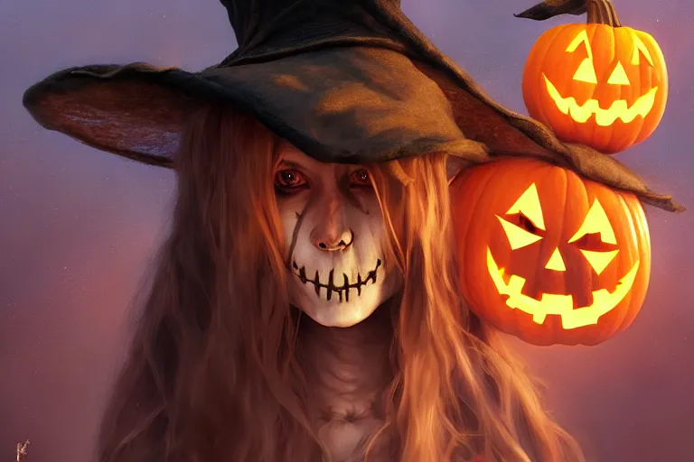 Image similar to portrait of a scarecrow with a jack - o - lantern head and a witch hat, halloween night, charlie bowater, artgerm, ilya kuvshinov, krenz cushart, ruan jia, realism, ultra detailed, 8 k resolution