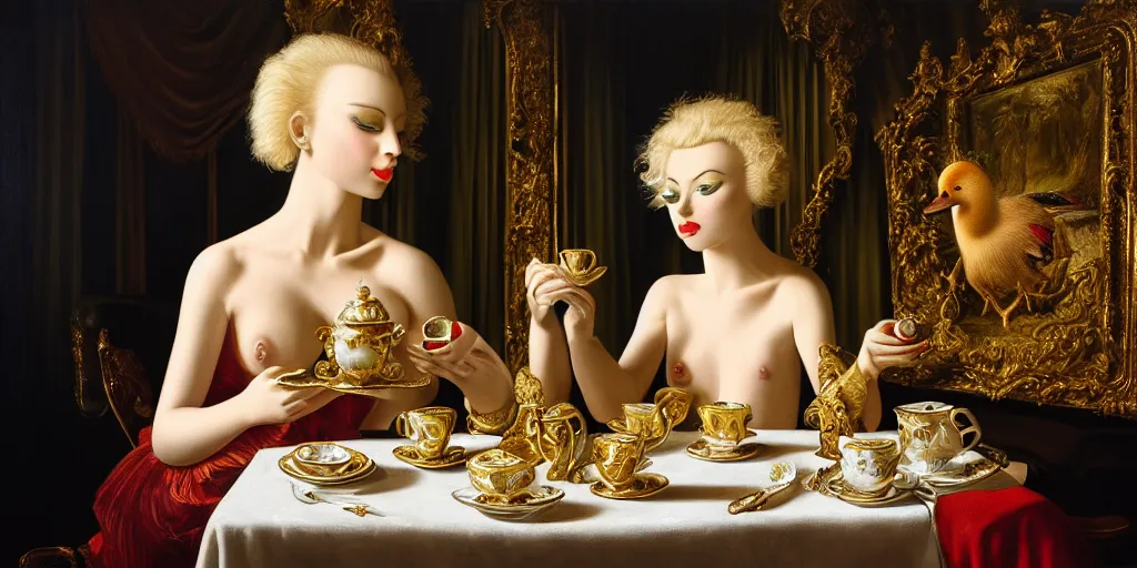 Prompt: a blonde and a mallard and a pig having tea at the ritz, abstract oil painting by gottfried helnwein pablo amaringo raqib shaw zeiss lens sharp focus high contrast chiaroscuro gold complex intricate bejeweled