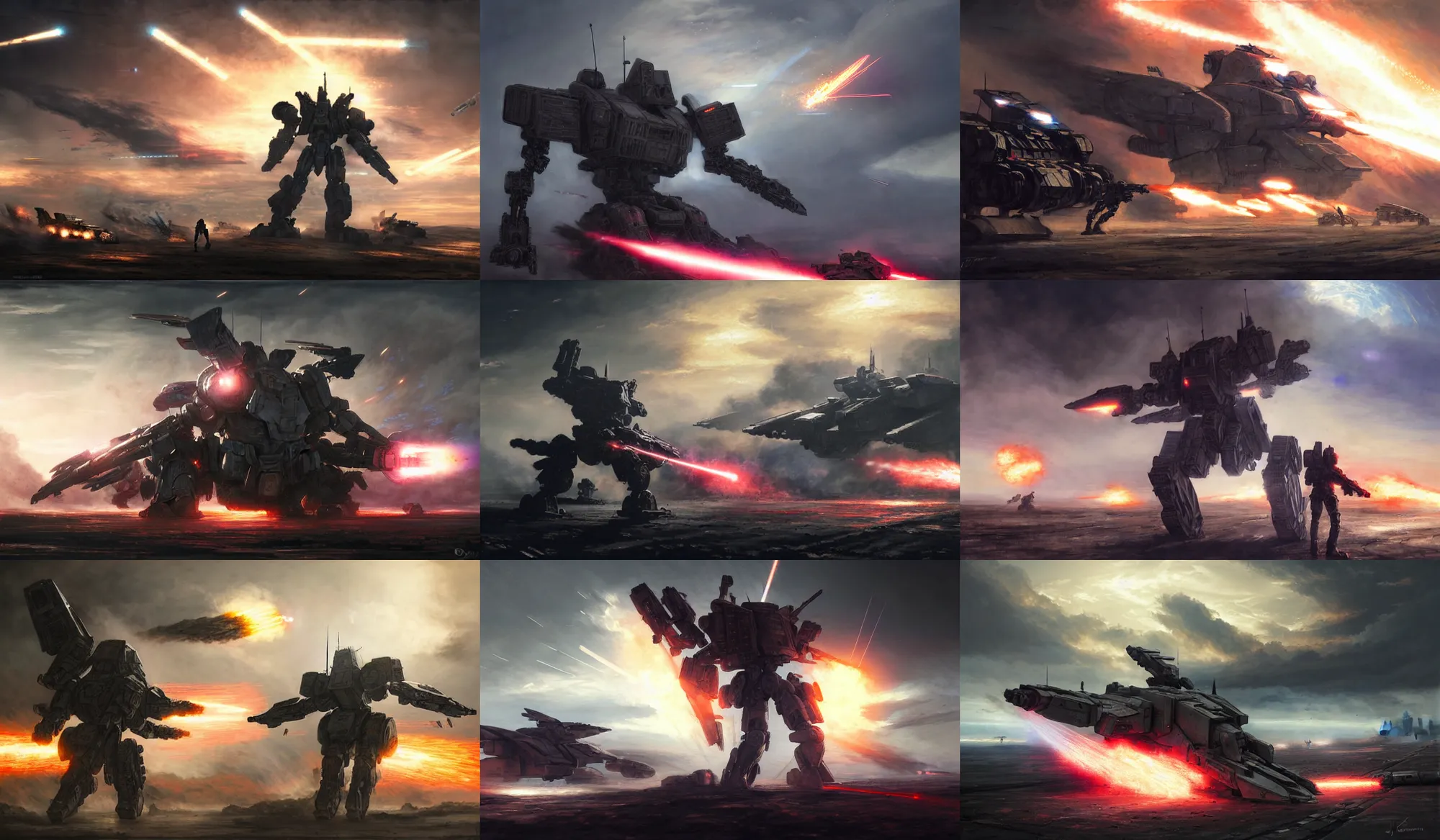 Prompt: an armored core on the ground, booster flares, legs, crossfire, laser, karst landscape, clouds, daylight ; detailed illustrations, pastel tones, deep colors, clear lines, motion blur, by jordan grimme, greg rutkowski