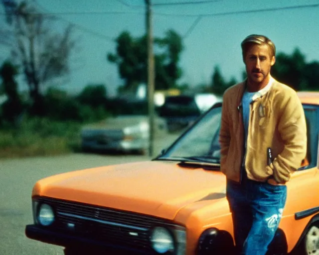 Image similar to lomography photo of ryan gosling as driver of lada 2 1 0 7 in small soviet town, cinestill, bokeh
