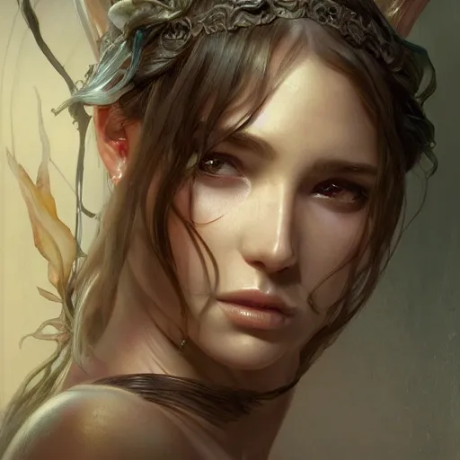 Prompt: portrait of a nymph, D&D, fantasy, highly detailed, digital painting, artstation, smooth, sharp focus, illustration, art by artgerm and greg rutkowski and alphonse mucha