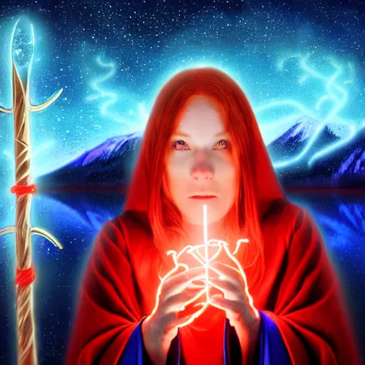 Image similar to red headed woman dressed in dark blue wizard robes holding a wooden staff covered in glowing red runes topped with a glowing gem. background of snowy mountains. fantasy painting.