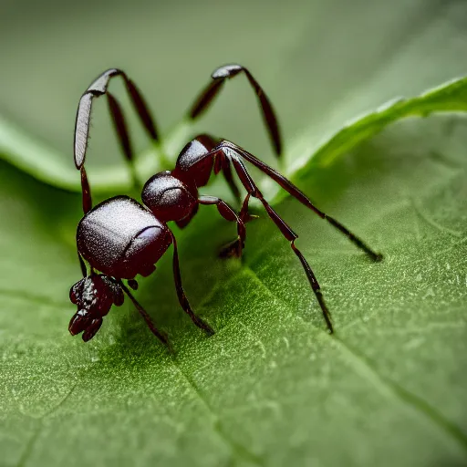 Prompt: robotic ant on a green leaf, macro photography, 8 k, moody lighting, shallow depth of field,