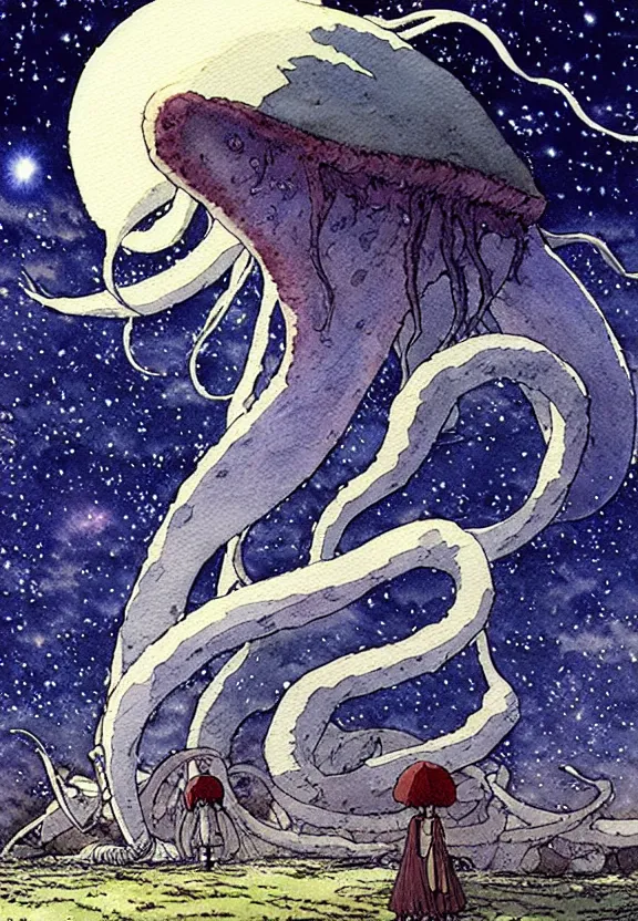 Image similar to a simple watercolor studio ghibli movie still fantasy concept art of a giant squid from princess mononoke ( 1 9 9 7 ) in stonehenge. it is a misty starry night. by rebecca guay, michael kaluta, charles vess