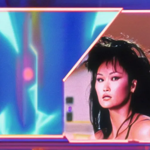 Image similar to a VHS still of a concept art with a photo of Tía Carrere in a vaporwave artwork composition, Windows98 logo, in the movie Lifeforce (1985) 8k, intricate, pastel colors