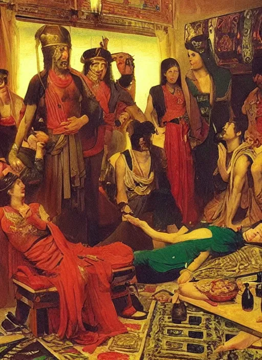 Prompt: orientalist painting, glam rocker drinking brutal and raw wine bacchanals with his friends, inside a green room with red lights, renaissance painting, greg rutkowski, alberto mielgo, joaquin sorolla, greek style