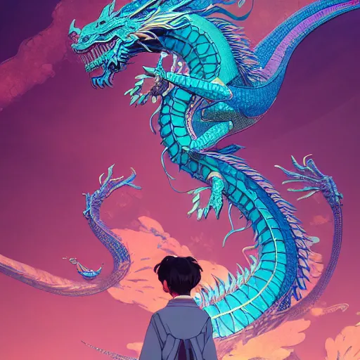 Image similar to a beautiful hyperdetailed character design 4 k wallpaper illustration of cyan dragon victo ngai, from china, style of studio ghibli, makoto shinkai, raphael lacoste, louis comfort tiffany, artgerm, xision, james jean, ross tran, chinese style