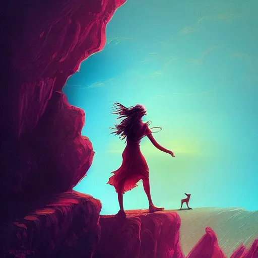 Prompt: the fool tarot card, a maiden dances on the edge of a cliff with a little dog barking beside her, 8 k resolution digital painting, cinematic lighting, deviantart artstation, by alena aenami, by michael whelan, bokeh, behance hd