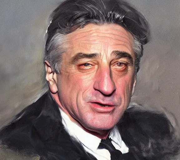 Image similar to a hyper-detailed oil painting of Robert DeNiro by John Singer Sargent; anatomically correct