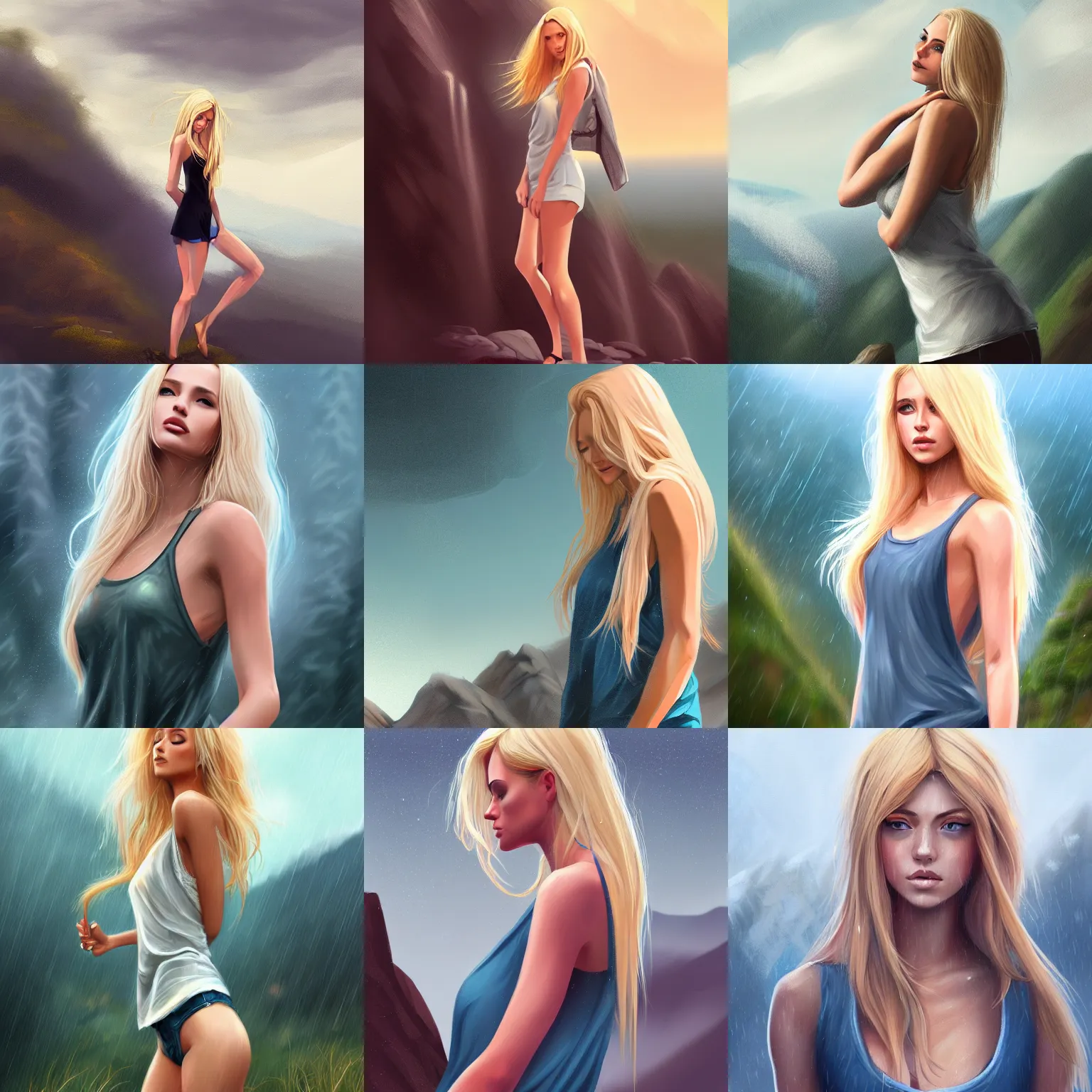 Prompt: a gorgeous woman with long light-blonde hair wearing a low cut tanktop, standing in the rain on top of a mountain, highly detailed, digital painting, artstation, concept art, sharp focus, illustration