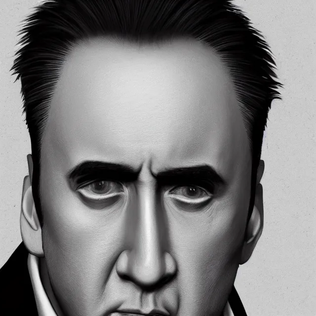 Image similar to portrait of bald nicolas cage neutral expression face straight on headshot even lighting no hair, trending on artstation