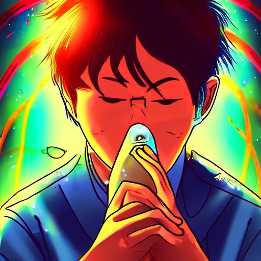 Image similar to A man drinking a cup of cosmic energy bright light by Masafumi Harada, 4k, digital art, surreal, anime style, Park Sung-woo Red Ice style