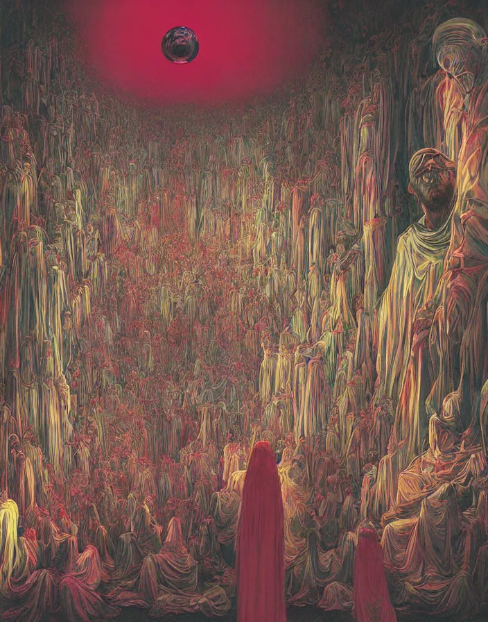 Prompt: worshippers in robes belonging to the cult of the crystal light gather inside a sma room around the big glowing crystal, big glowing crystal radiating white light, interior, high detailed beksinski painting, part by adrian ghenie and gerhard richter. art by takato yamamoto. masterpiece, deep colours