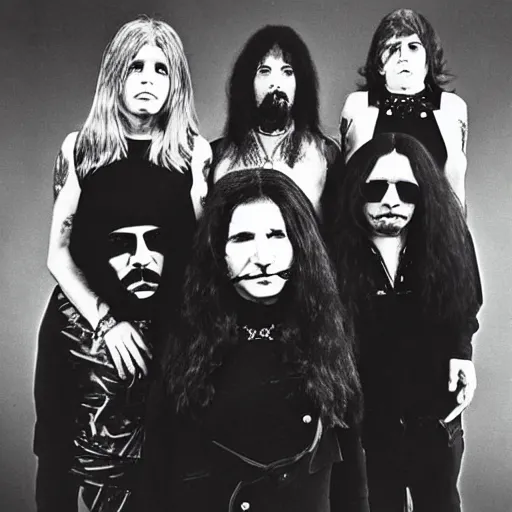 Image similar to black sabbath but all members are women, 1 9 7 0, band promo photo, genderswapped