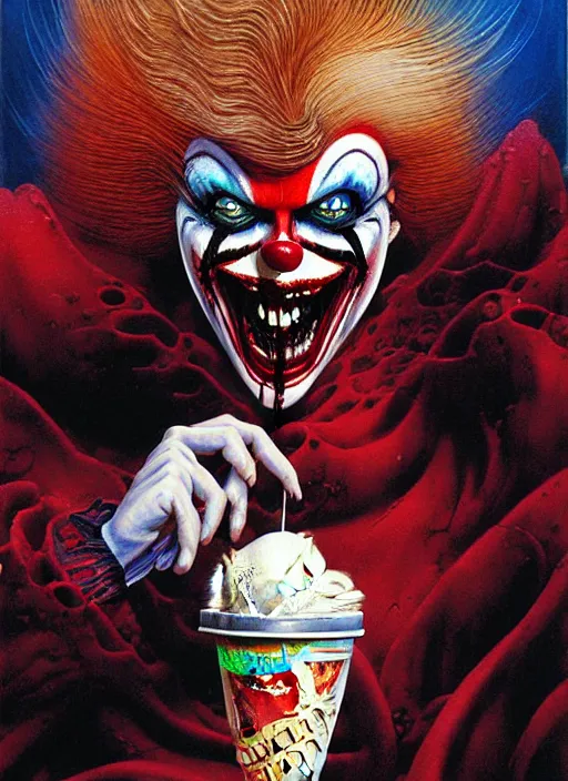 Prompt: figure of a psycho clown vampire eating ice-cream at suburbs area street by Ayami Kojima, Amano, Karol Bak, Greg Hildebrandt, and Mark Brooks, Neo-Gothic, gothic, rich deep colors. Beksinski painting, part by Adrian Ghenie and Gerhard Richter. art by Takato Yamamoto. masterpiece. realistic detailed image