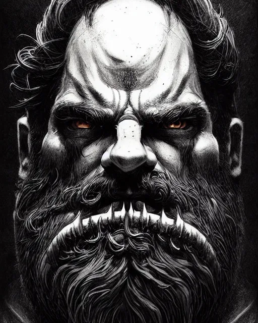 Image similar to reinhardt from overwatch, beard, character portrait, portrait, close up, concept art, intricate details, highly detailed, horror poster, horror, vintage horror art, realistic, terrifying, in the style of michael whelan, beksinski, and gustave dore