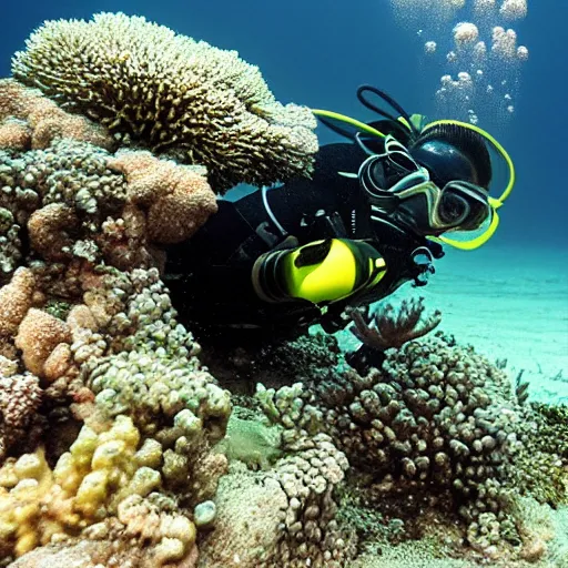 Prompt: a scubadiver riding an underwater worm