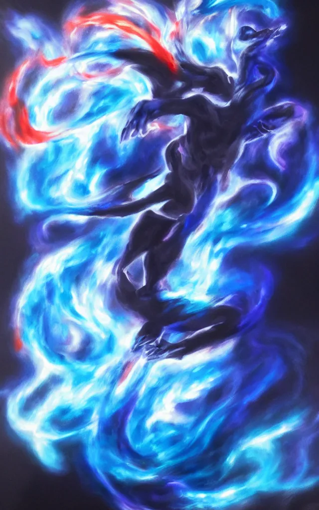 Prompt: a rainbow blue djinn in the style of Tekken blue and white night dramatic airbrushed clouds over black background, airbrush fantasy