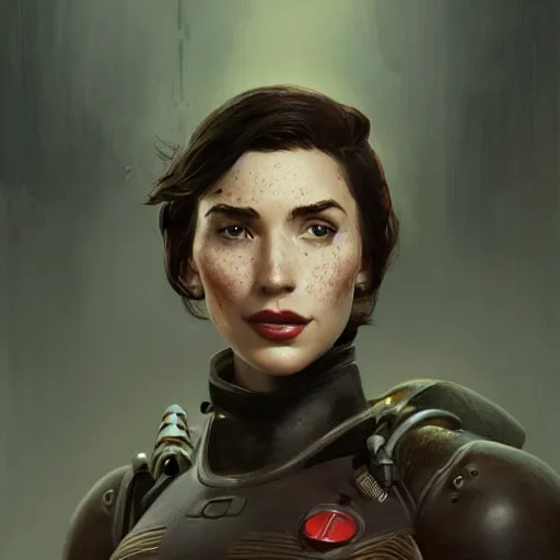Prompt: Portrait of a dark haired woman with freckles wearing a power suit as a character in Fallout 4, gorgeous, beautiful, intricate, highly detailed, digital painting, artstation, oppressive lighting, concept art, sharp focus, illustration, art by greg rutkowski and alphonse mucha
