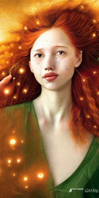 Image similar to infp young woman, smiling amazed, golden fireflies lights, full covering intricate detailed dress, amidst nature, long red hair, accurate linework, green eyes, small nose with freckles, oval shape face, realistic, expressive emotions, dramatic lights, hyper realistic ultrafine art by artemisia gentileschi, caravaggio, jessica rossier, boris vallejo