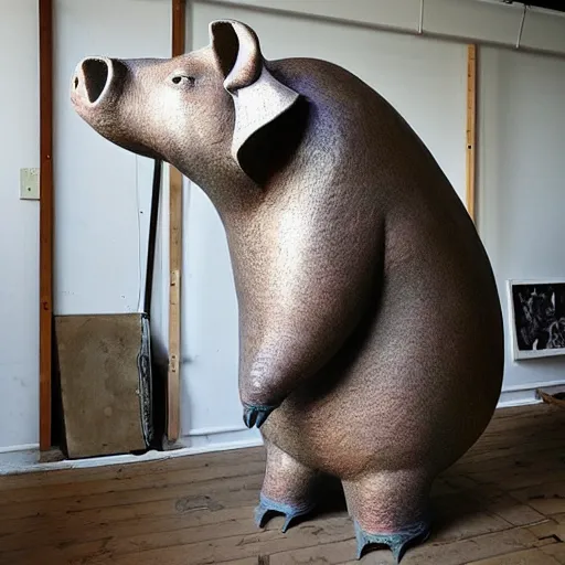 Image similar to “ large pig sculpture in an artist ’ s studio, mixed materials ”