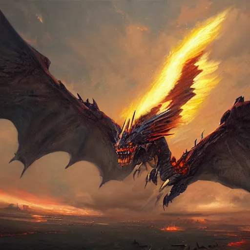 Image similar to oil painting of deathwing dragon flying down on earth by greg rutkowski