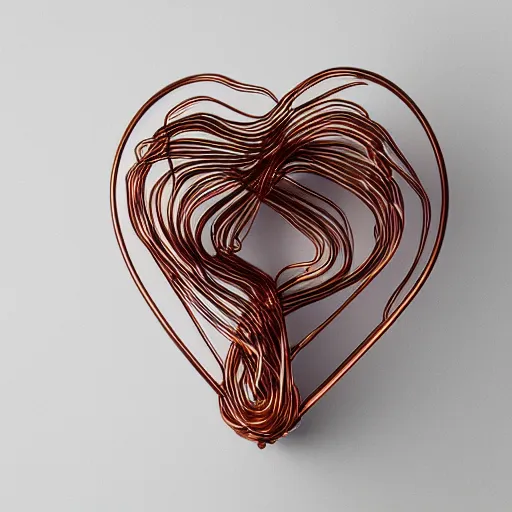 Image similar to a very beautiful tiny human heart organic sculpture made of copper wire and threaded pipes, very intricate, curved. studio lighting, high resolution, high quality, black background