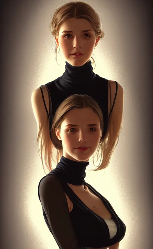 Image similar to portrait of a full body of beautiful young female secretary, d & d, sleeveless turtleneck, pencil miniskirt, fantasy, flat lighting, intricate, highly detailed, digital painting, artstation, concept art, smooth, sharp focus, illustration, art by simon bisley and greg rutkowski and alphonse mucha, natural tpose