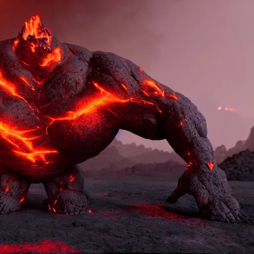 Image similar to a large, muscular, standing, humanoid, lava rock, magma, fire golem creature, burning eyes, exaggerated perspective, unreal engine, 3 5 mm pointing up