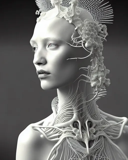 Image similar to dreamy soft luminous bw 3 d octane render, beautiful spiritual angelic biomechanical albino girl cyborg with a porcelain profile face, very long neck, rim light, big leaves and stems, roots, fine foliage lace, alexander mcqueen, art nouveau fashion embroidered collar, steampunk, silver filigree details, hexagonal mesh wire, mandelbrot fractal, elegant