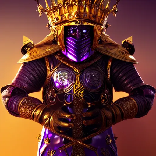 Image similar to a highly detailed knight with glowing purple eyes in a golden helmet and a golden crown with a diamond in the center, golden armor, leather clothes under the armor, leather gloves, holds a black sword, artstation, DeviantArt, professional, octane render, sunset lighting