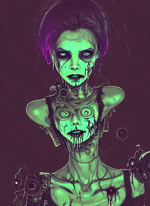 Prompt: highly detailed portrait of an moody wasteland punk long dripping green poison hair tribal zombie lady, stray wiring by atey ghailan, james gilleard, by joe fenton, by greg rutkowski, by greg tocchini, by kaethe butcher, 4 k resolution, gradient purple, brown black and white color scheme!!! ( ( green flaming robotic sewer background ) )