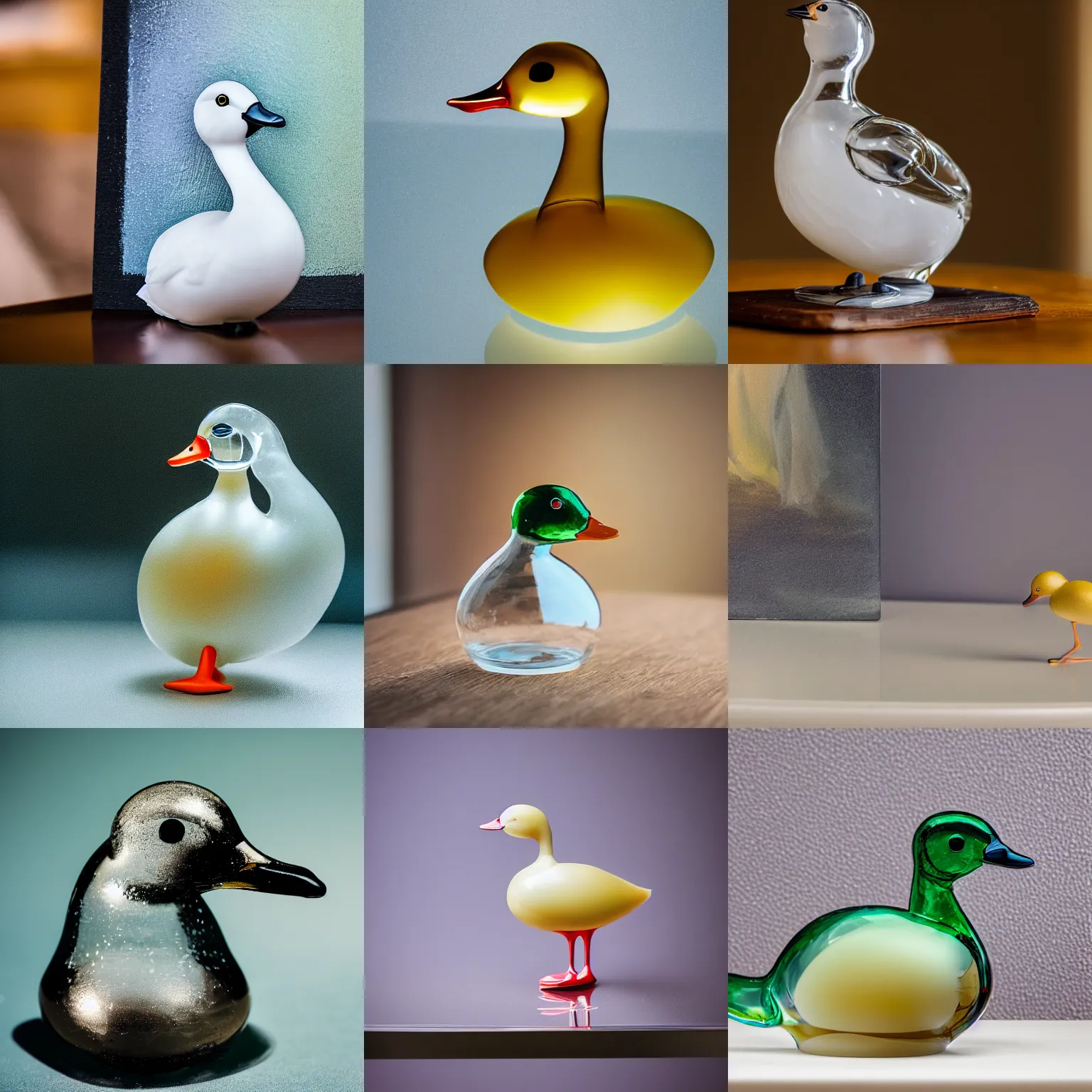 Prompt: a close up photo of a clear glass duck on a table, a painting in the background, professional photography, sigma 8 5 mm f / 8