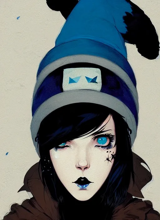 Image similar to highly detailed closeup portrait of a punk witch young lady student, blue witch hat, black parka, blue hair by atey ghailan, by greg rutkowski, by greg tocchini, by james gilleard, by joe fenton, by kaethe butcher, gradient, blue, black, brown and cream color scheme, grunge aesthetic!!! white graffiti tag wall background