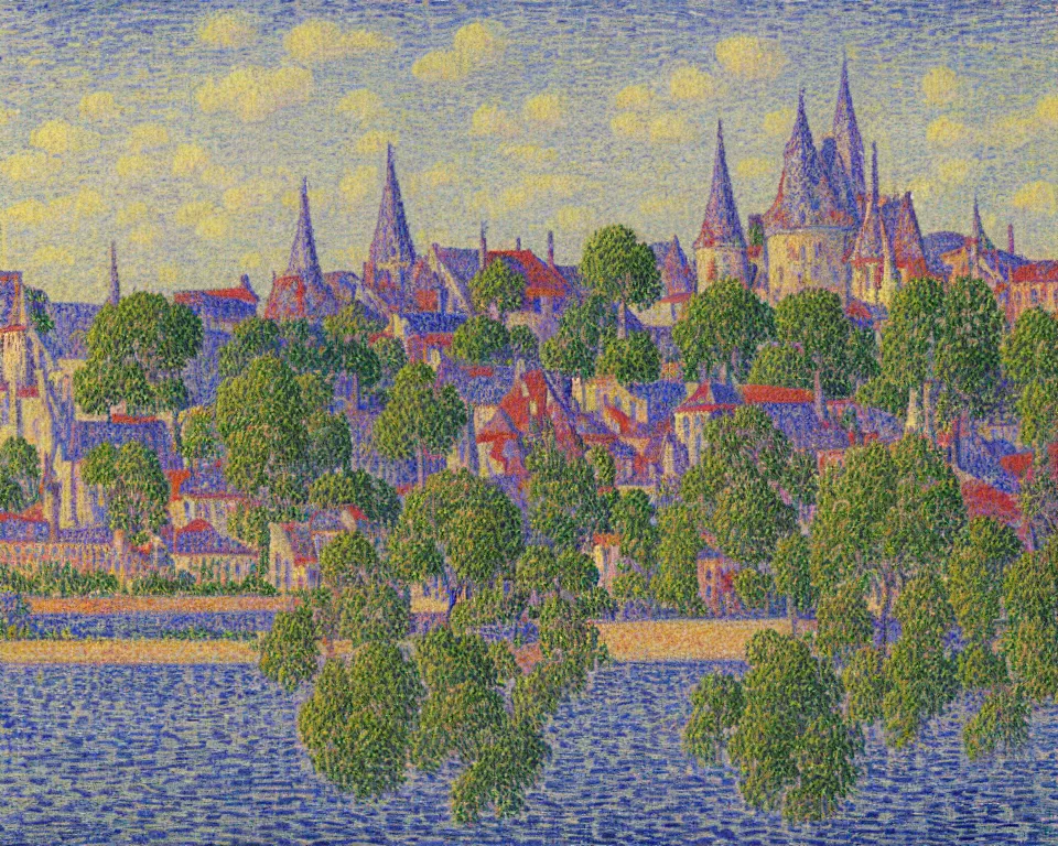 Image similar to pastel landscape painting of a chateau on top of a by Paul Signac.