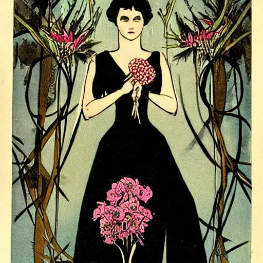 Image similar to a royal portrait of a cyborg woman. she holds a globe in one hand and flowers in the other. illustrated by burton rice. black orchids. 1 9 1 2.