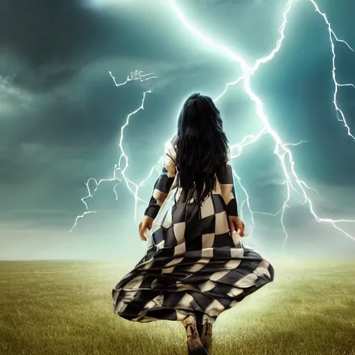 Prompt: mysterious young girl child with her long black hair dressed in a chequered robe, mysterious young girl is walking in strong wind and lightning storm, epic scene, atmospheric, surrounded by magical light, digital art, hd, 4 k, hyper detailed