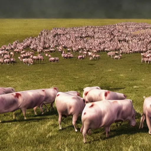 Prompt: an army of cows, chickens and pigs enslaving humans, horror, 8k, photorealistic,