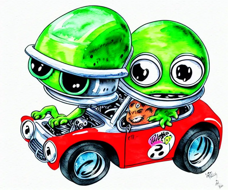 Prompt: cute and funny, cute pepe wearing a helmet riding in a tiny hot rod with oversized engine, ratfink style by ed roth, centered award winning watercolor pen illustration, isometric illustration by chihiro iwasaki, edited by range murata