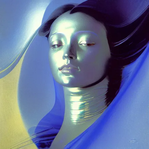 Prompt: a chrome woman's face in flowing sheets of cobalt blue gold chrome silver satin mirror foil, by moebius syd mead roger dean wojciech siudmak donato giancola yoshitaka amano ivan aivazovsky jan de heem pieter claesz paul delaroche alma tadema aelbert cuyp, hyperrealistic volumetric light render