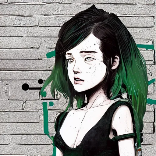 Prompt: Highly detailed portrait of a post-cyberpunk young lady with, freckles and beautiful hair by Atey Ghailan, by Loish, by Bryan Lee O'Malley, by Cliff Chiang, inspired by image comics, inspired by graphic novel cover art, inspired by nier, inspired by scott pilgrim !! Gradient green, black and white color scheme ((grafitti tag brick wall background)), trending on artstation