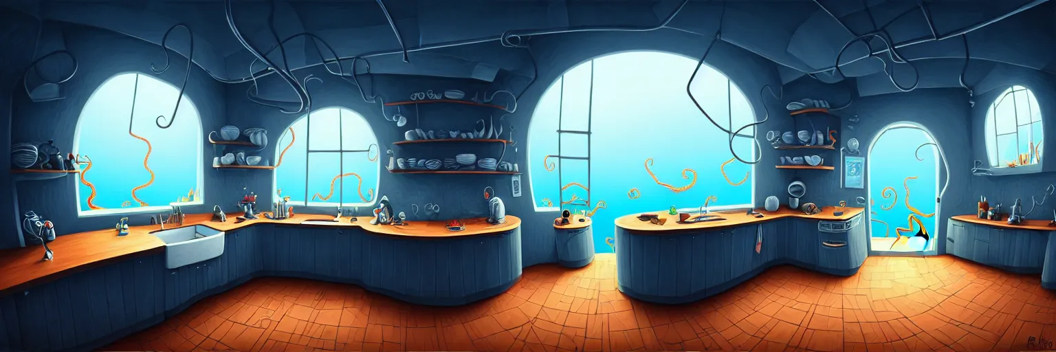 Prompt: dark palette, fisheye spiral lines, naive, extra narrow, detailed illustration of a kitchen, large floor, octopus shaped by rhads from lorax movie, trending artstation, dark blue underwater, overhead angle