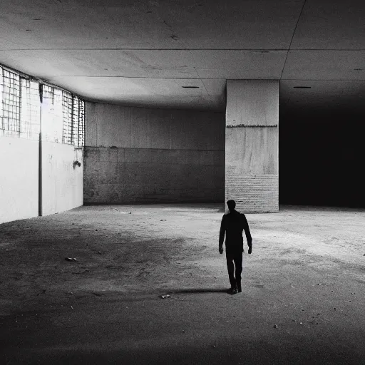 Image similar to black and white security camera image of a black silhouette of a man caught in an abandoned brutalism structure