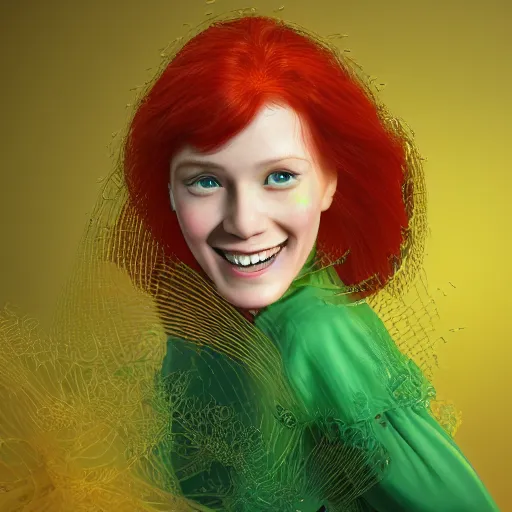 Prompt: Intricate embroidery of a beautiful young woman with red hair and a green dress, smiling by Mary Dimary and Craig Mullins, Golden Background, Fabric texture, Golden thread, intricate patterns 4k, 8k, HDR