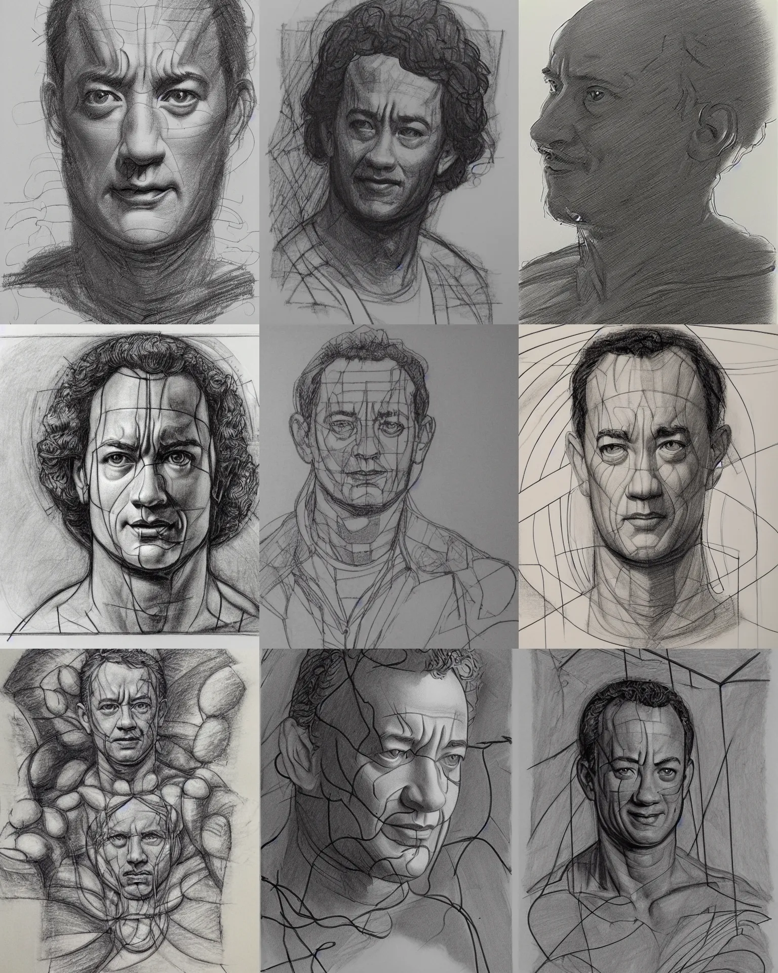 Prompt: linework construction lines preliminary vine charcoal initial underdrawing of tom hanks, by james gurney, michelangelo, da vinci