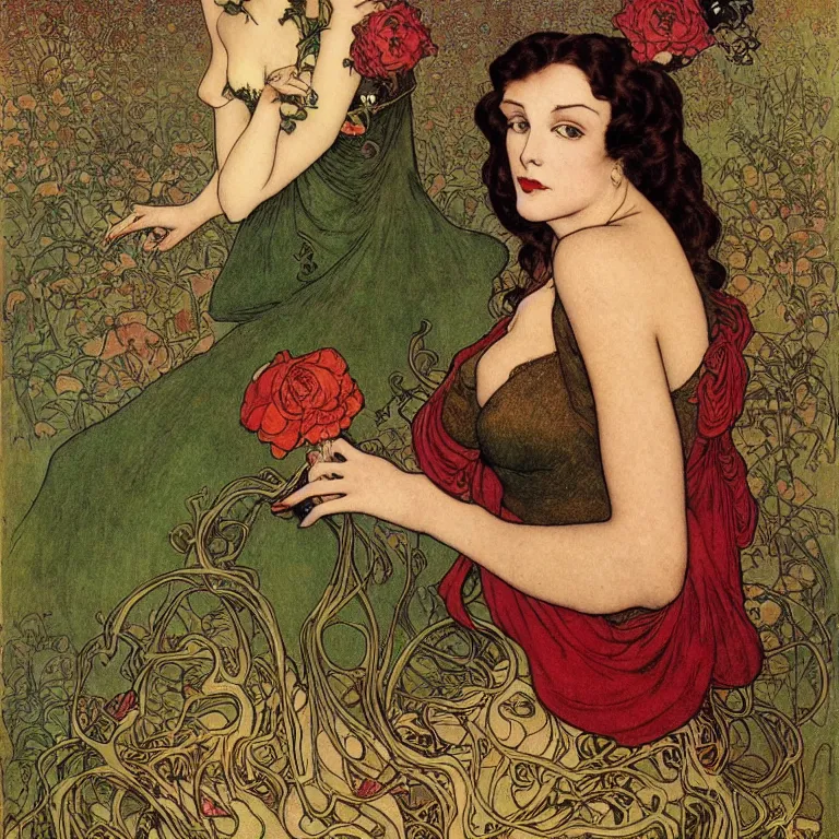 Image similar to A brunette woman standing in a green dress on a gold background, with black roses and red lips Anton Pieck,Jean Delville, Amano,Yves Tanguy, Alphonse Mucha, Ernst Haeckel, Edward Robert Hughes,Stanisław Szukalski and Roger Dean