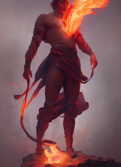 Prompt: a man made of fire and smoke, male, full body view, beautiful high quality realistic fantasy art, trending on artstation by artgerm and greg rutkowski and alphonse mucha