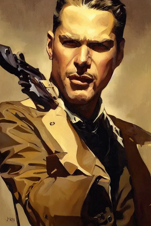 Image similar to arthur morgan, painting by jc leyendecker!! phil hale!, angular, brush strokes, painterly, vintage, crisp